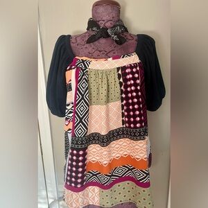 Maeve, Anthropologie Colorful Patchwork Puff-Sleeve babydoll style Top sz Medium